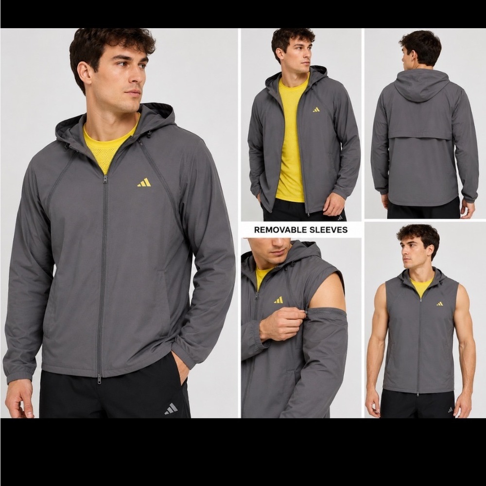 Adidas Mens Grey Convertible Removable Sleeve Hooded Windbreaker Jacket Large